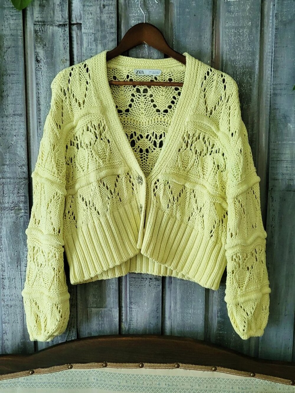 ZARA Yellow Open-Knit Cardigan Cropped Sweater Oversized